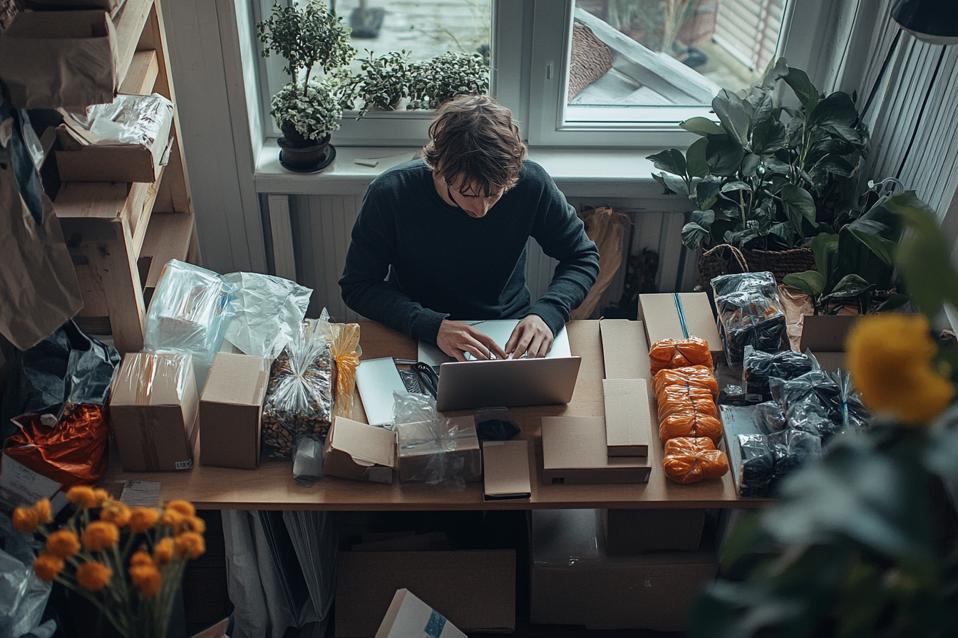 Solo entrepreneur works from home surrounded by supplies.