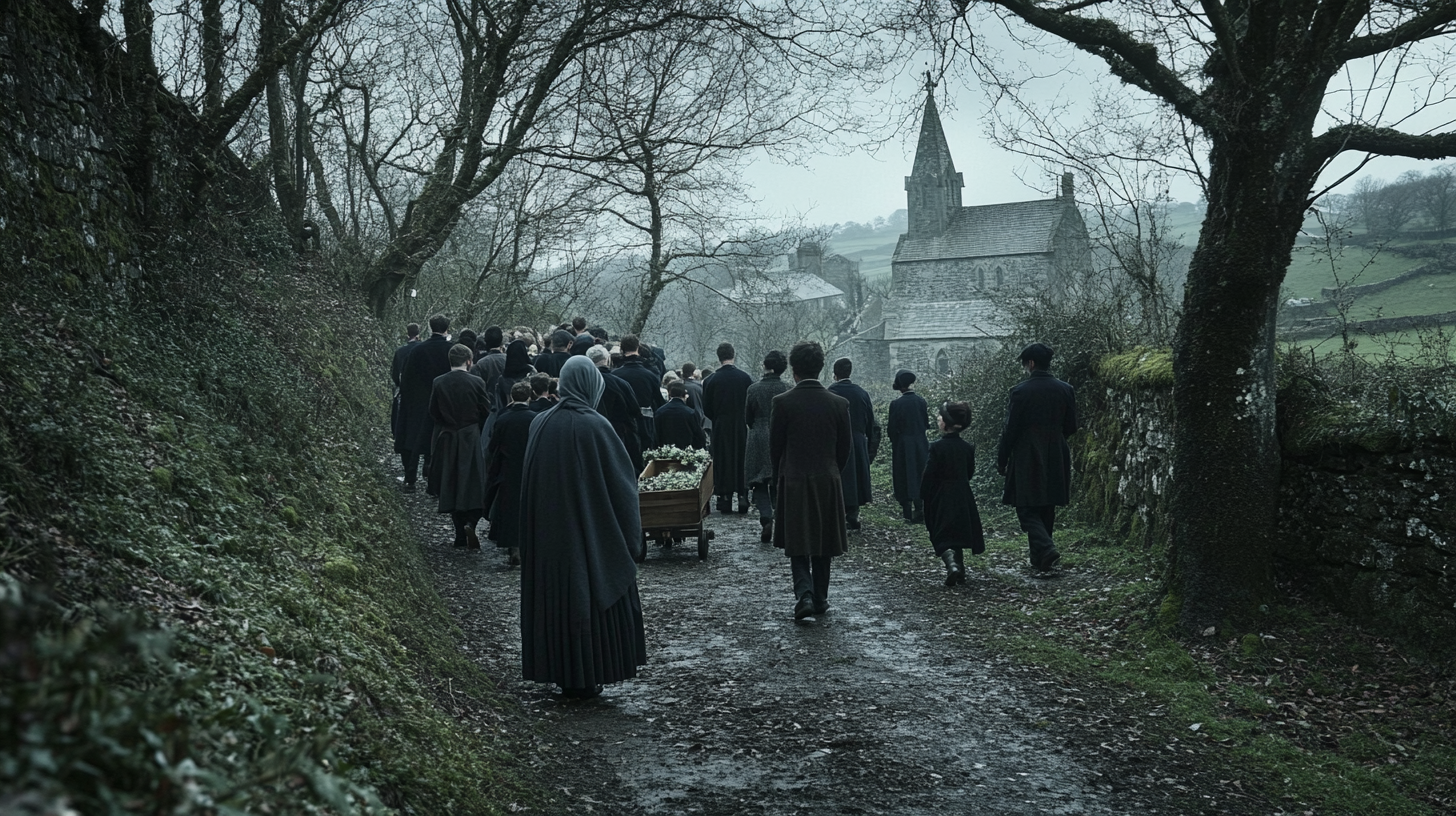 Somber Irish funeral procession in rural village - 16:9