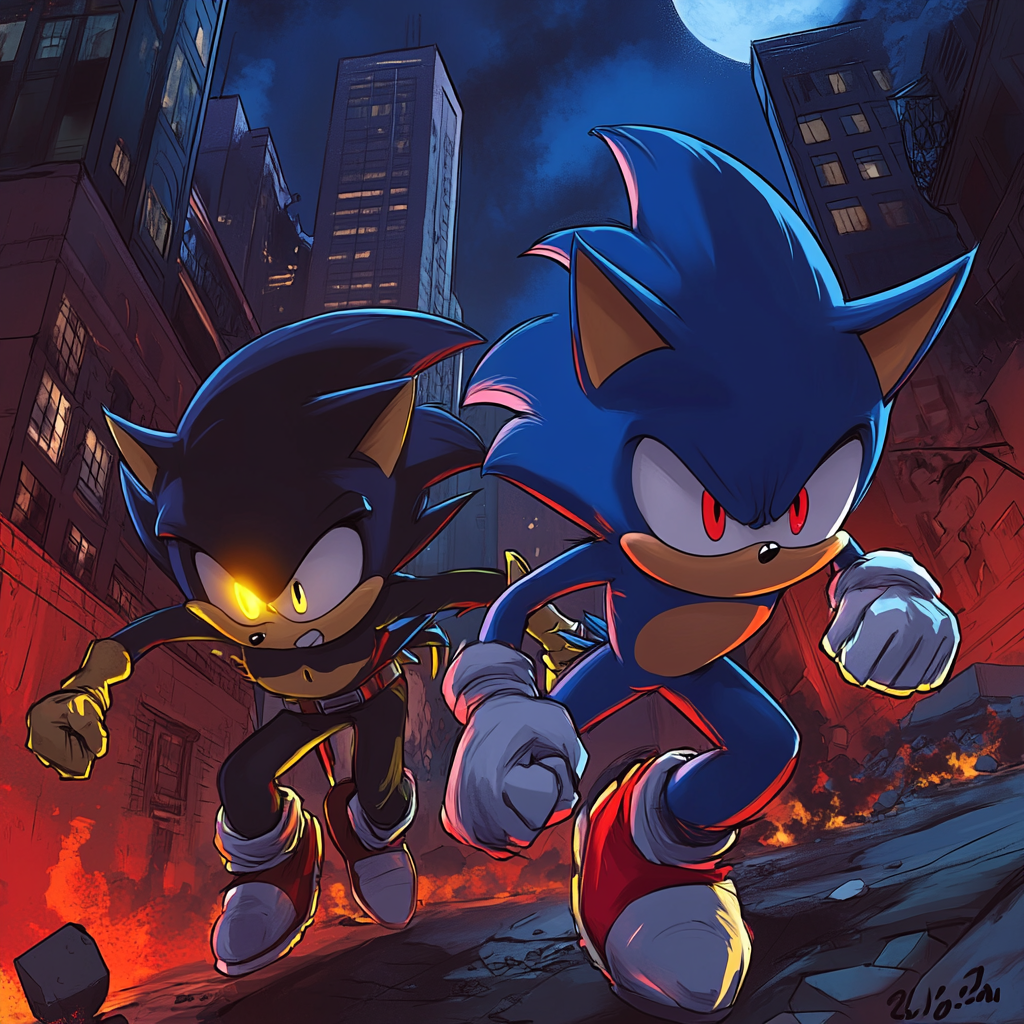 Sonic and Shadow transforming together in ruined city.