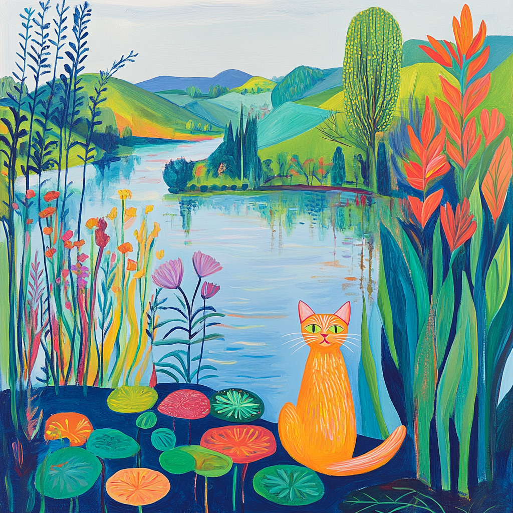 Soothing riverside landscape with cat, lilies, nature.