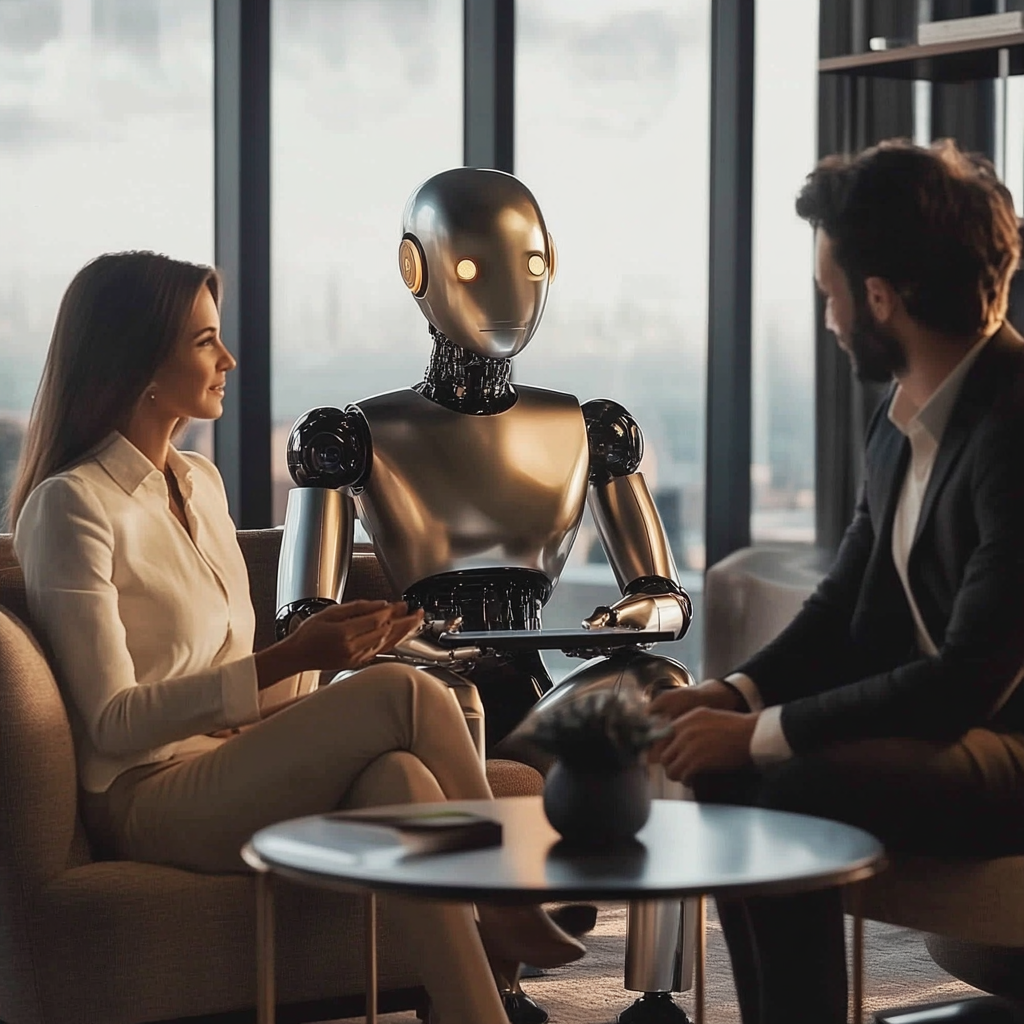 Sophisticated AI real estate consultant interacts with couple.