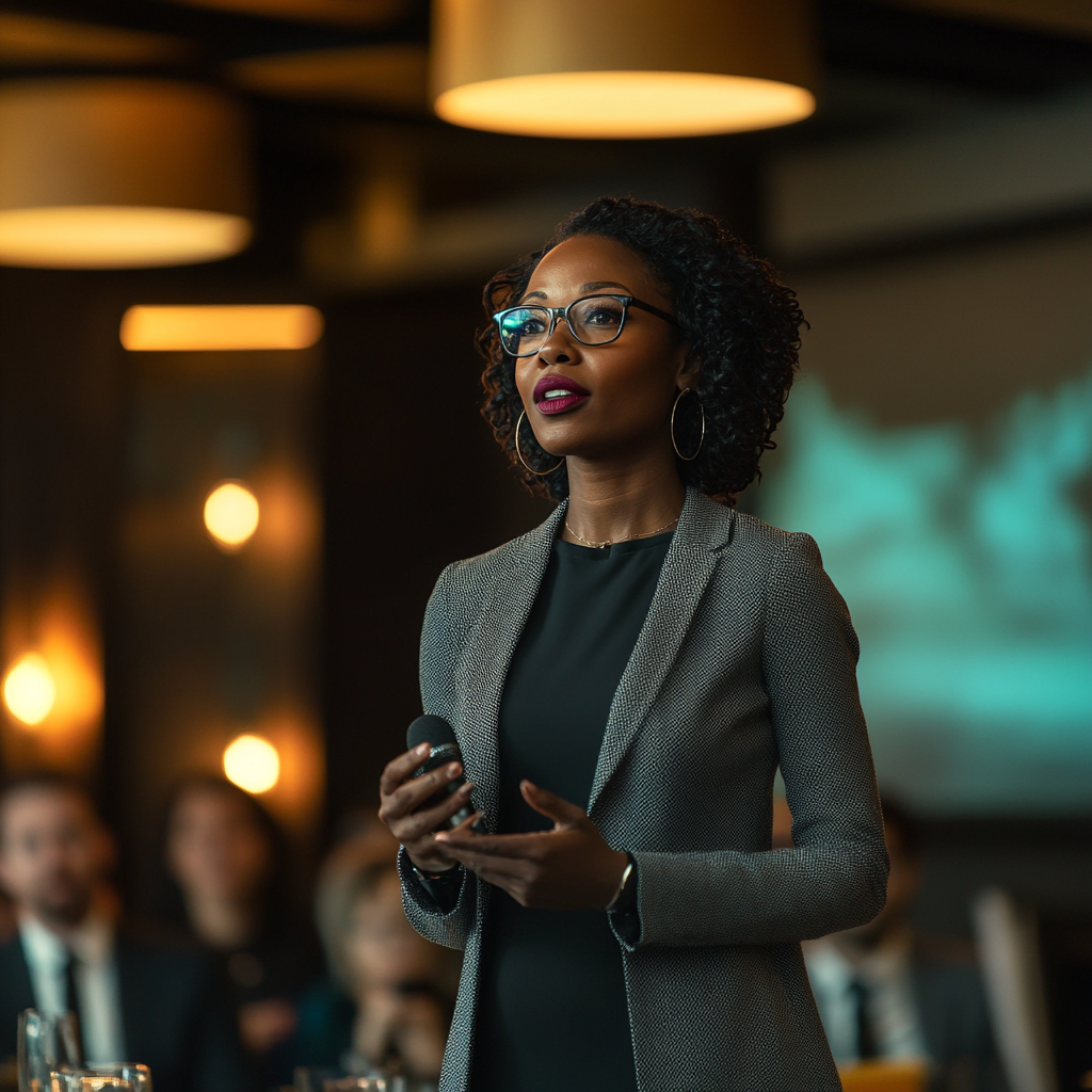 Sophisticated Black Speaker Addresses Corporate Audience Gracefully