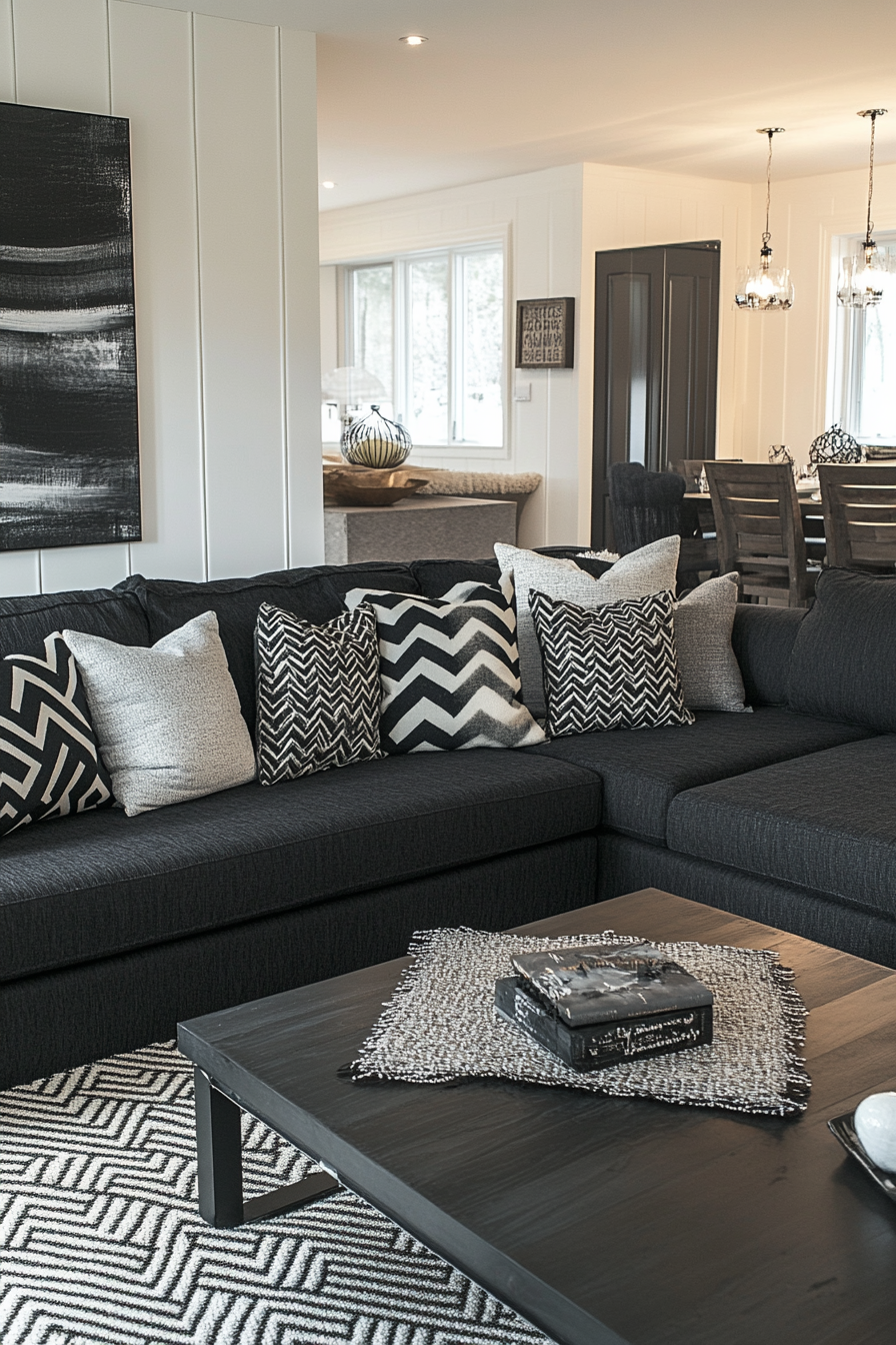 Sophisticated black and white living room design.