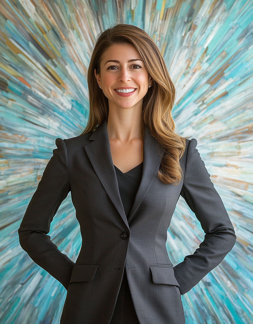 Sophisticated corporate woman in vibrant, dynamic backdrop