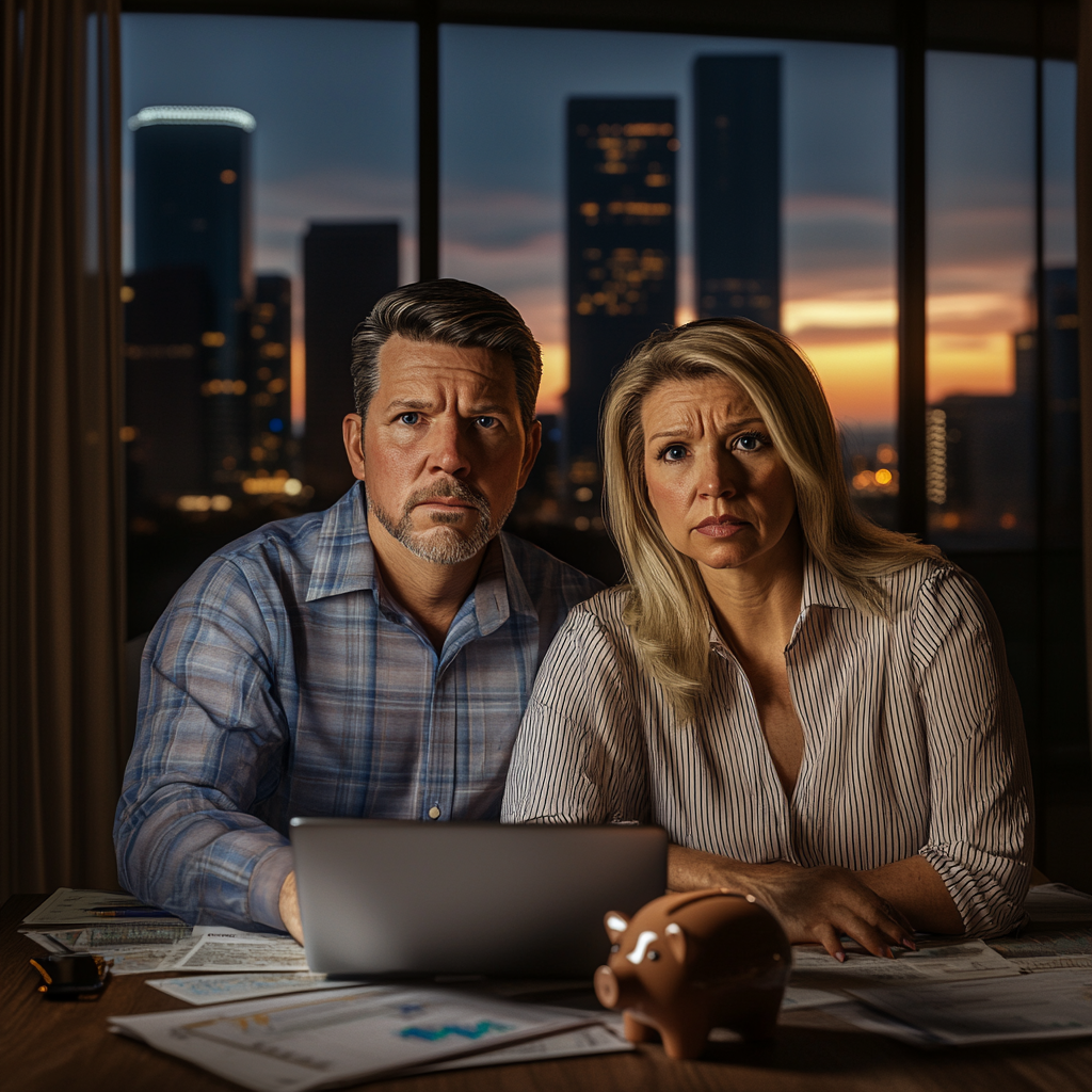 Sophisticated couple in home office with financial documents.