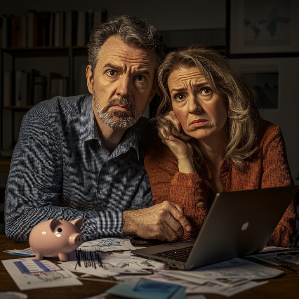 Sophisticated couple in their 50s, worried expressions, financial documents.