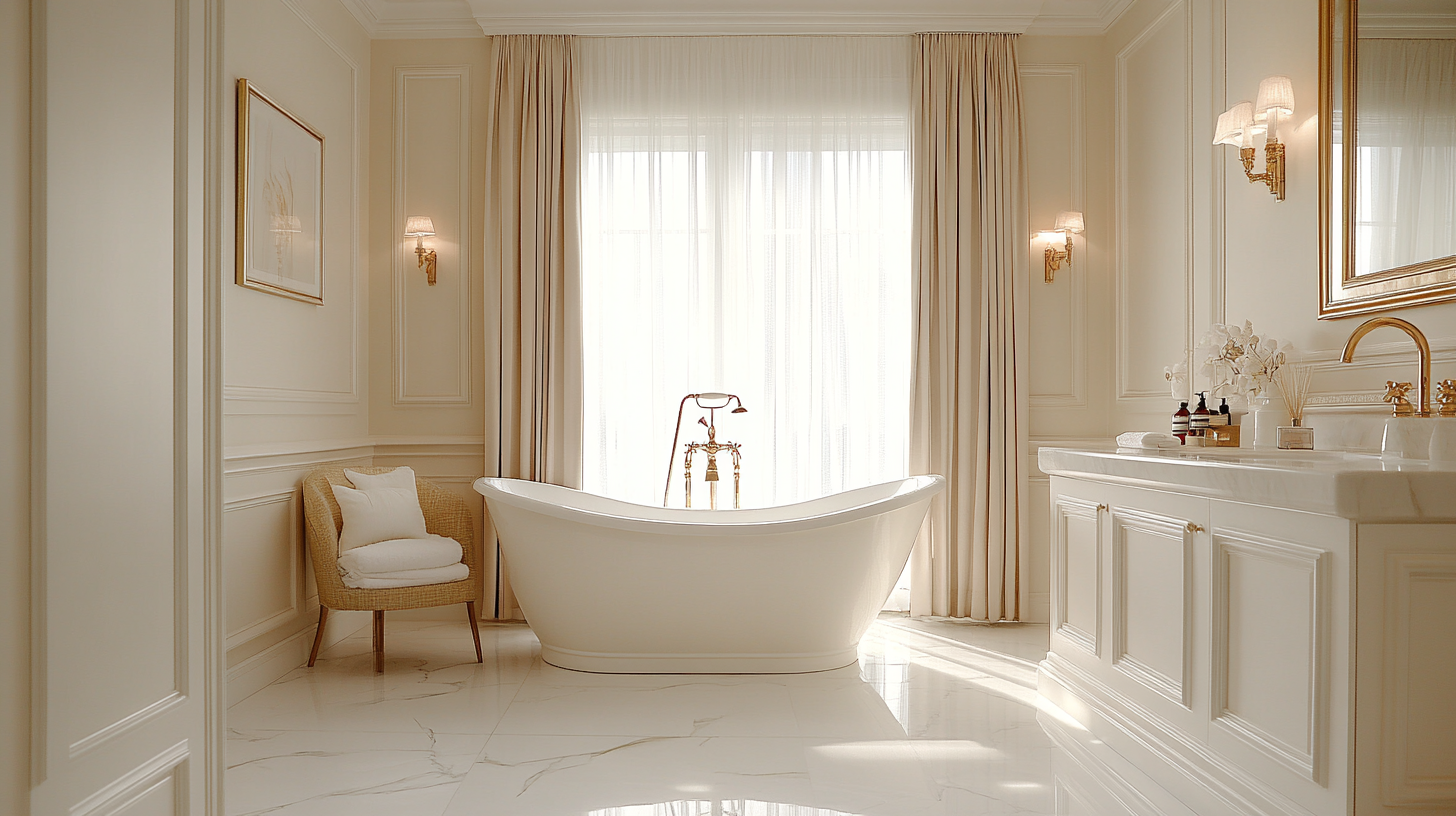 Sophisticated gold and white bathroom with elegant details.