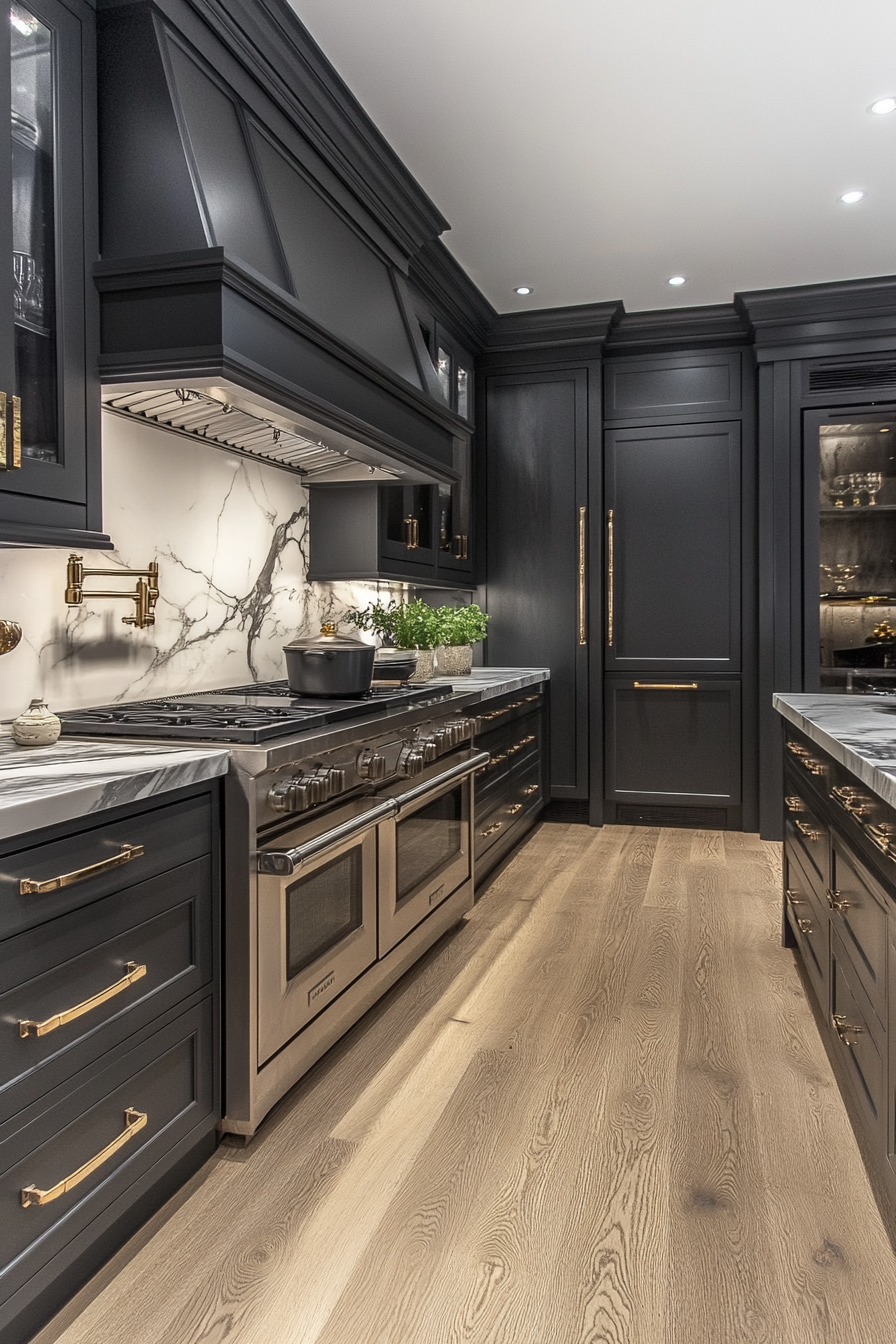 Sophisticated kitchen with gray cabinets and marble countertops.