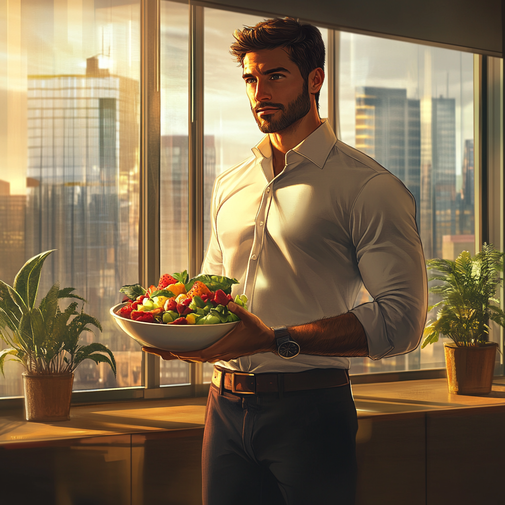 Sophisticated man in penthouse holding colorful smoothie bowl.