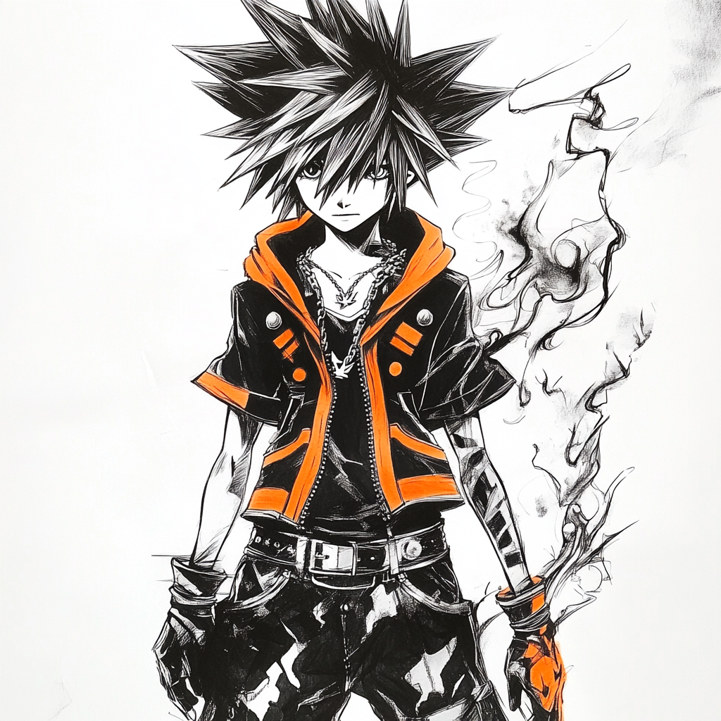 Sora in Rock Outfit: Anime Drawing with Smoke