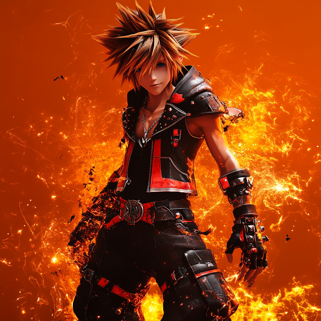 Sora in edgy rock clothes in anime style