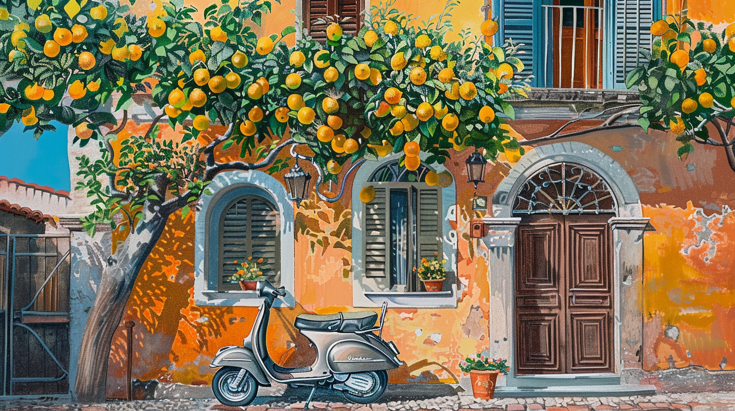 Sorrento house with lemon trees, Vespa, Italian streetscape-inspired.