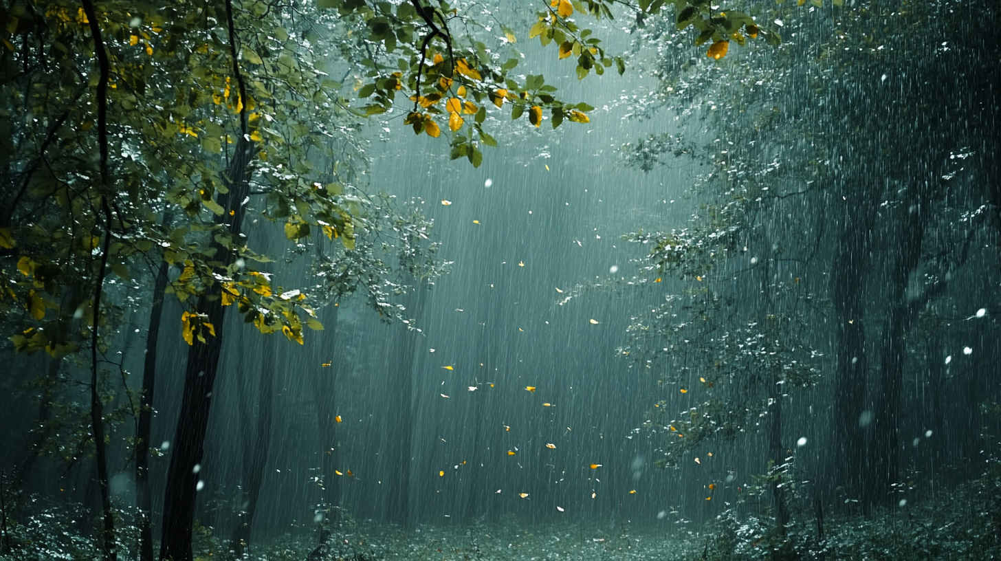 Soundscape of rain falling on leaves in tranquil forest.