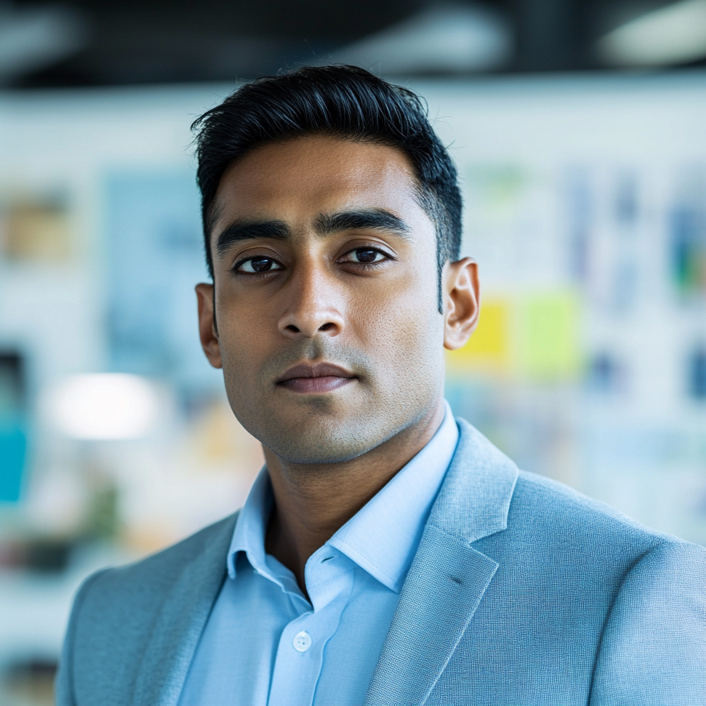 South Asian man mid-30s, office, marketing materials, brainstorming.