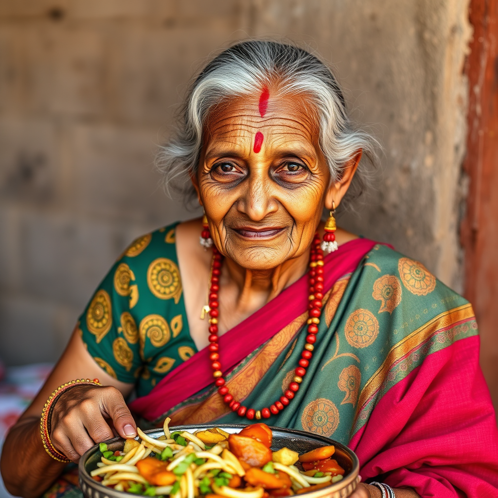 South Indian Grandmother Serving Vibrant Food