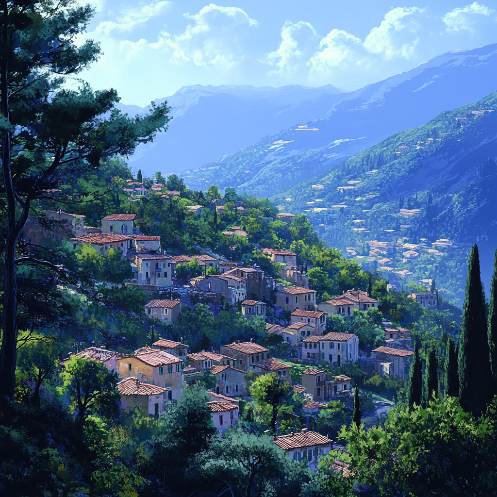 Southern European city on mountain side with trees and houses.