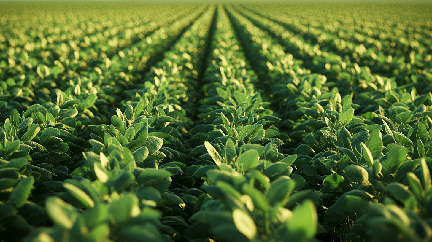 Soybean plants form wall in symmetrical plantation, high resolution.