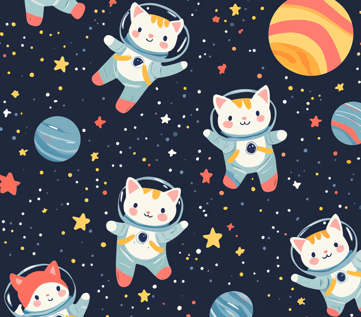 Space cats in space suits floating among stars and planets.