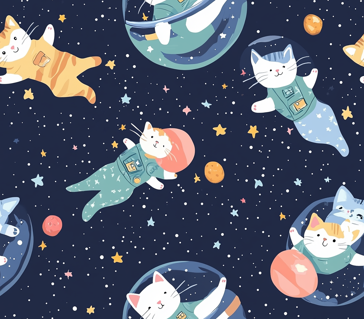 Space cats in spacesuits floating among stars and planets