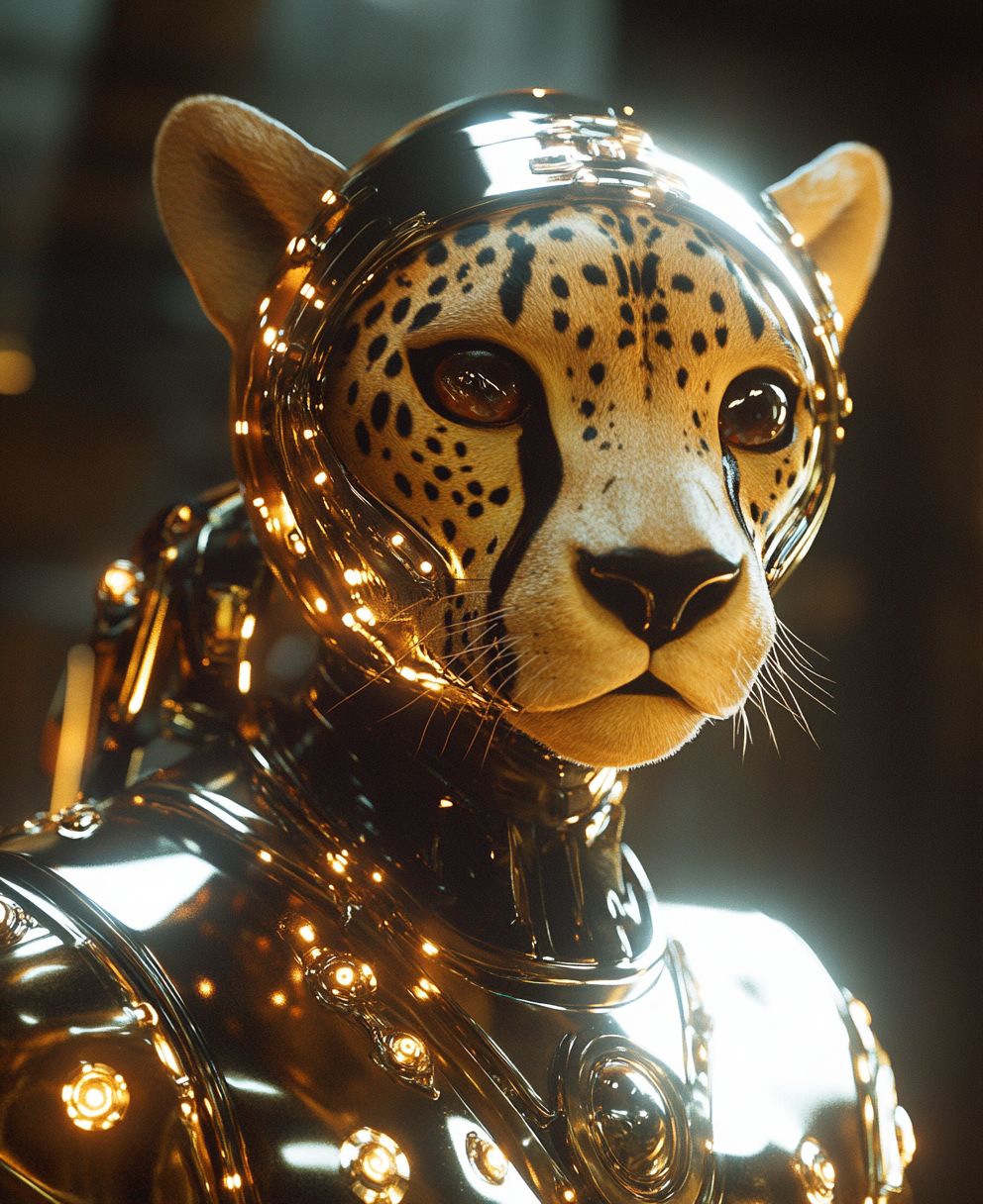 Space-faring cheetah queen wearing advanced royal attire.