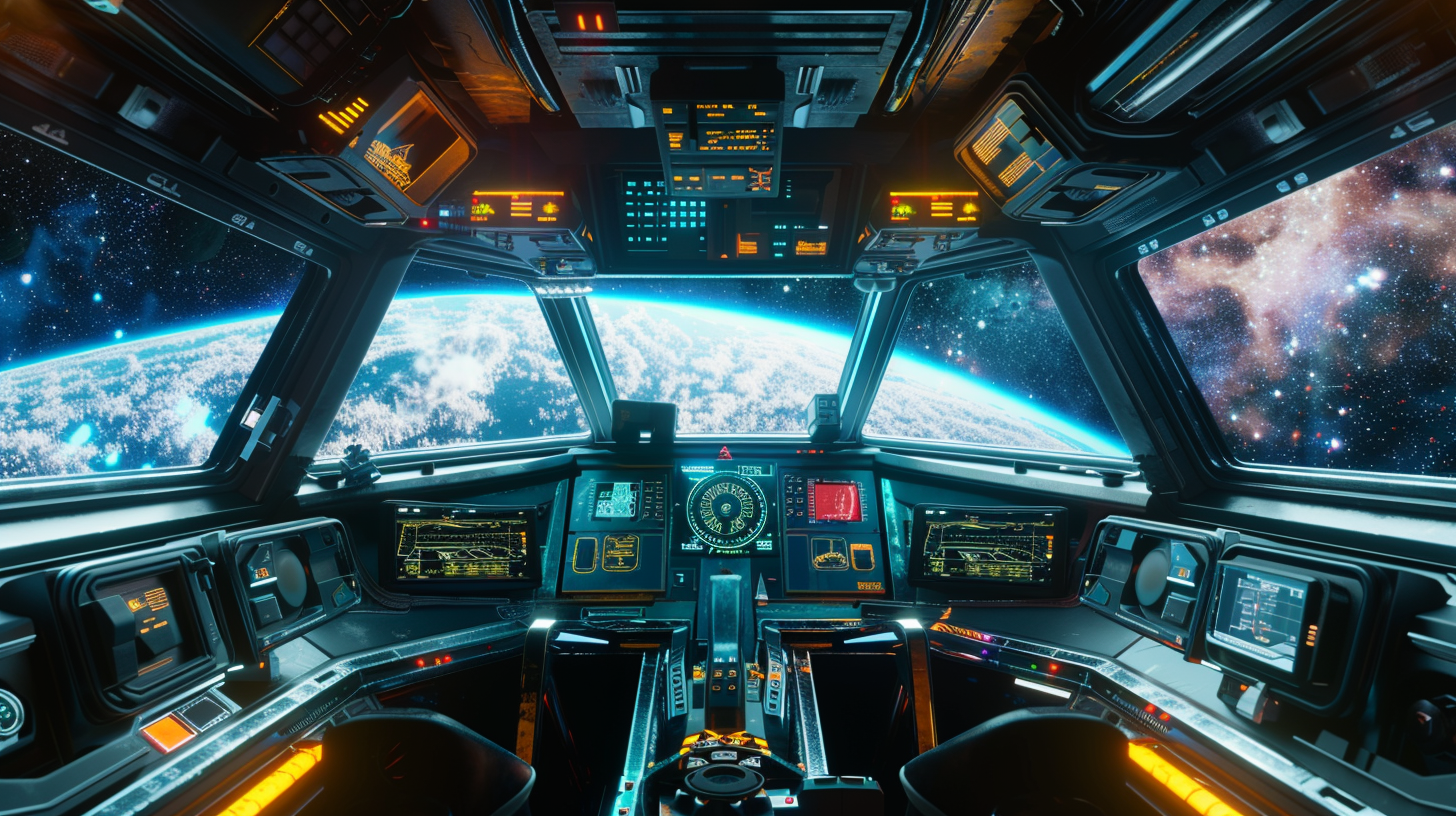 Spaceship cockpit view with big digital dashboards, milky way.