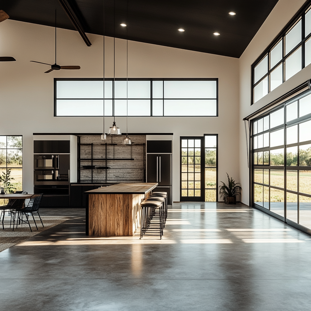 Spacious interior with minimal walls in barndominium floor plan.