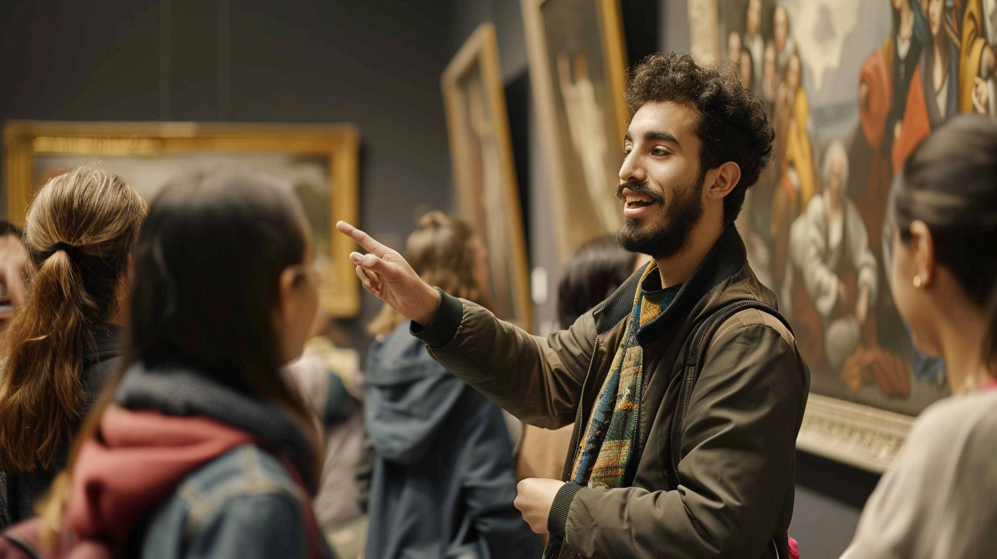 Spanish Museum Guide Happy Explaining Painting to Group