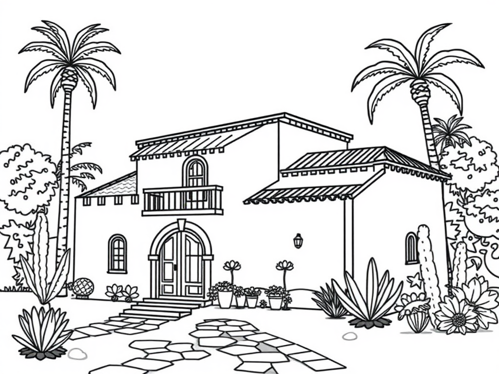 Spanish Villa Coloring Book Outline with Sharp Lines