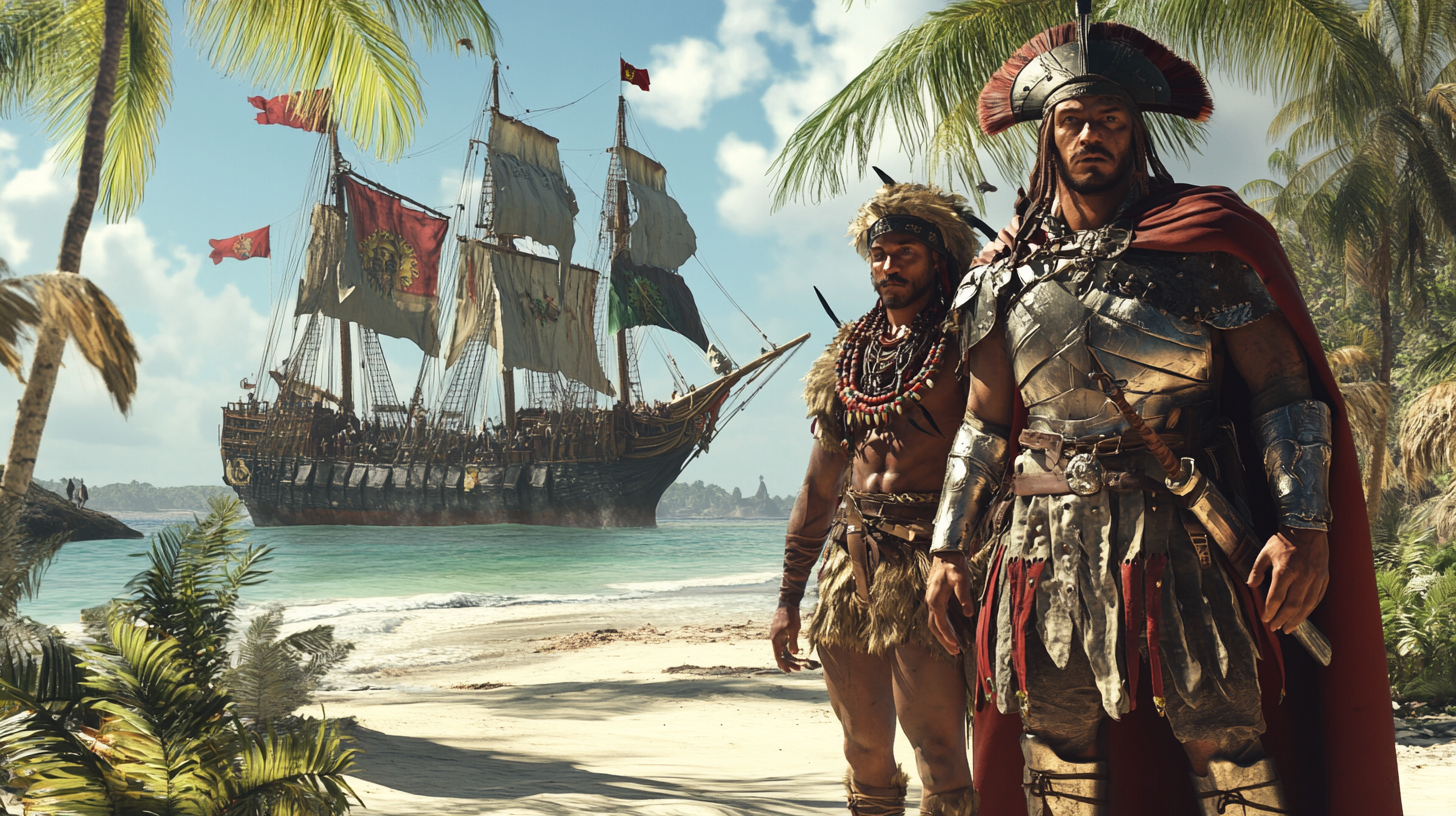 Spanish explorer and Indian warrior on tropical beach.