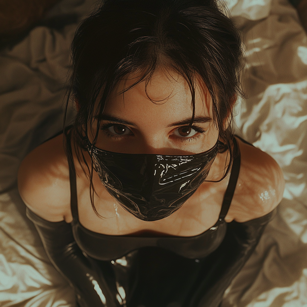 Spanish girl wearing black latex mask and hunger.