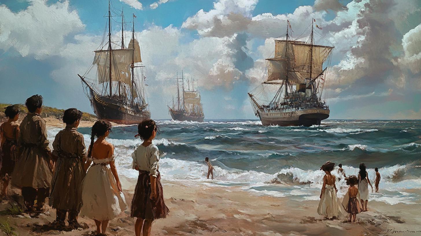 Spanish ships land in America, met by natives.