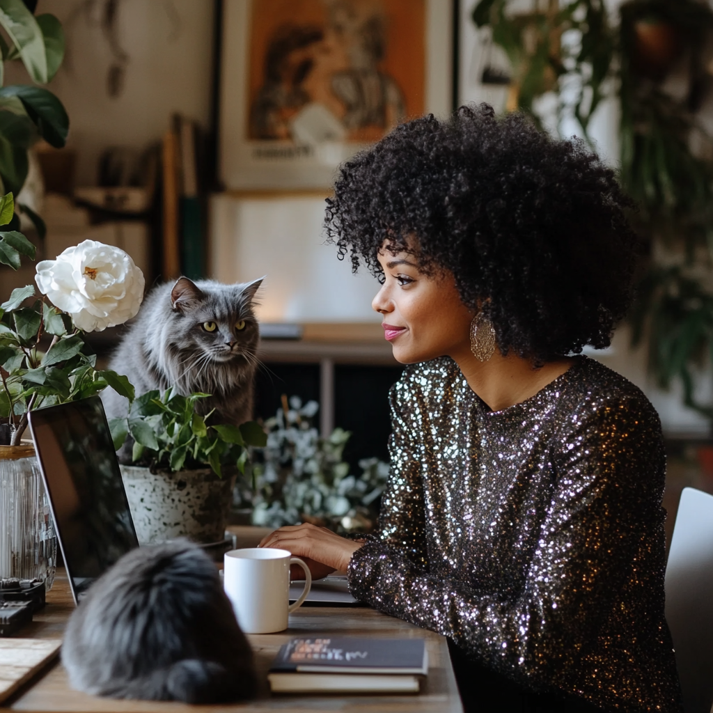 Sparkling Black Woman in Cozy Home Office with Cat