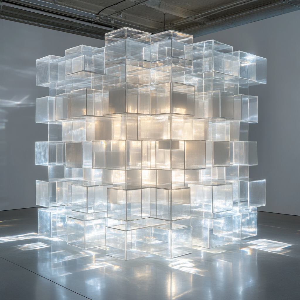 Sparkling Glass Cube with Floating Boxes in White Space