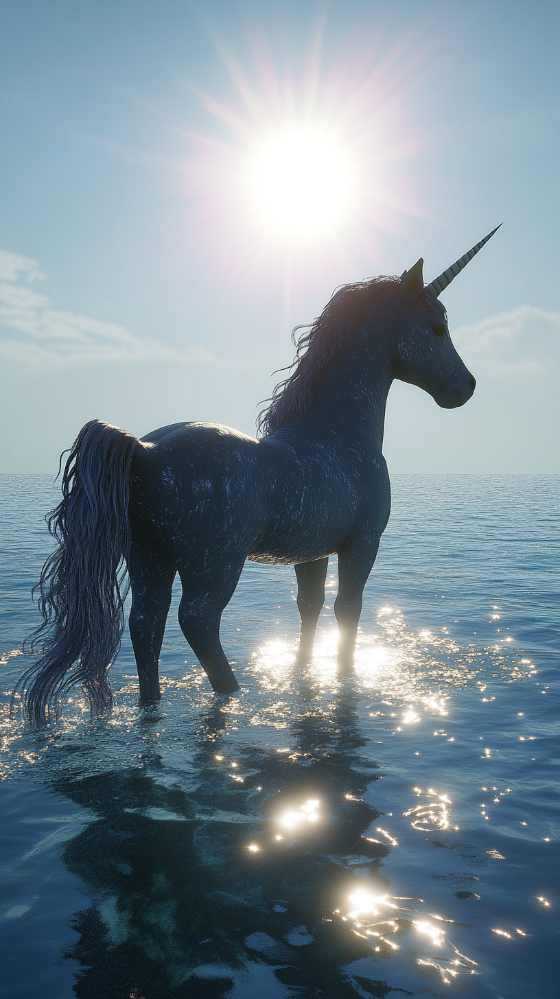 Sparkling Unicorn in Blue Ocean Under Sunlight