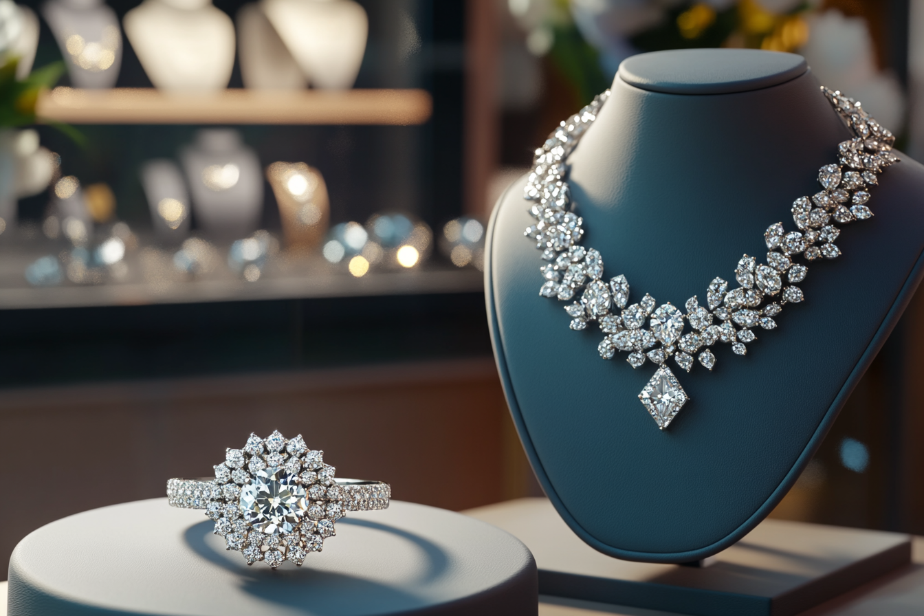 Sparkling diamond ring and necklace on display