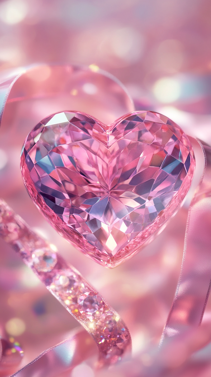 Sparkling pink gemstone heart with ribbons in pastel colors.