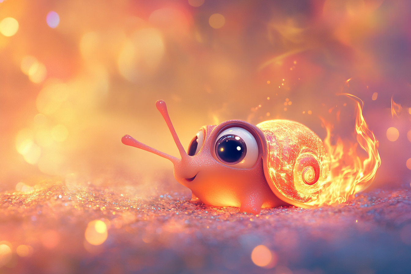 Sparkly Fire Snail with Sweet Eyes in Pixar Style