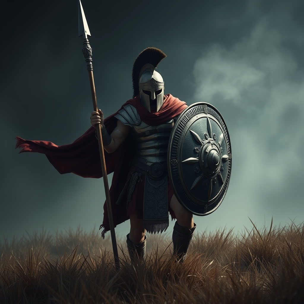 Spartan Warrior with Spear and Shield in Dark Field