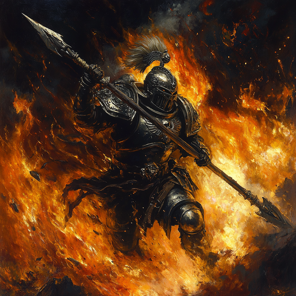 Spear-wielding Death Company Captain leaping from fiery battlefield.