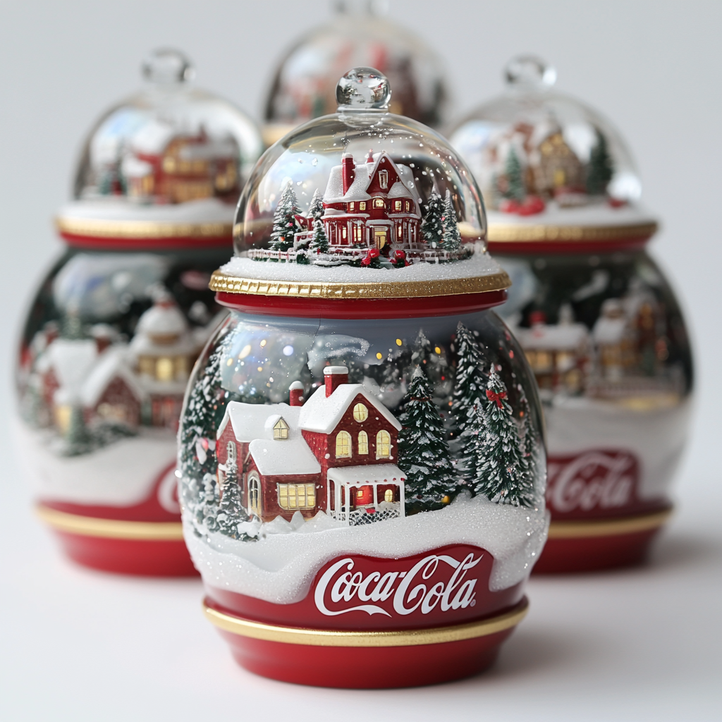 Special edition collection of 3 Coca-Cola-themed cups. Snow globe lids featuring Christmas village inside.