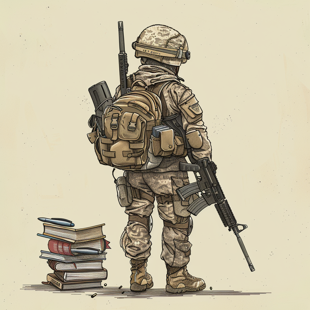 Special forces soldier with academic motifs, book backpack,rifle-quill.