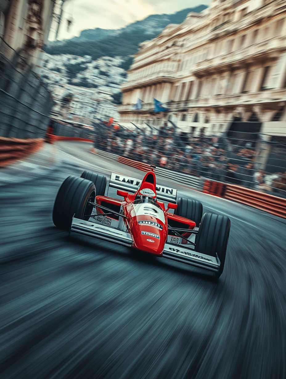 Speeding Formula 1 Car on City Track Bend