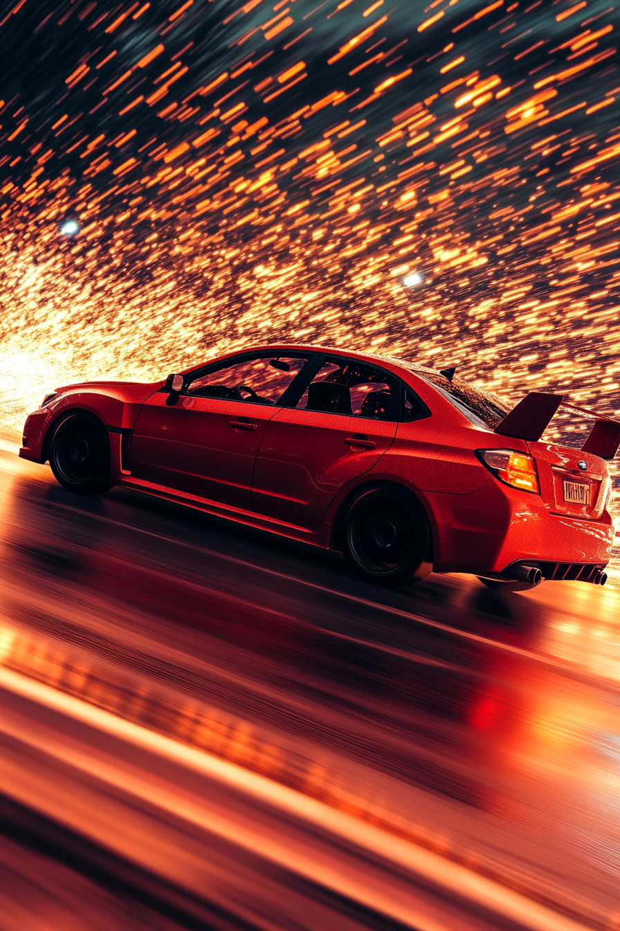 Speeding Subaru Impreza on racetrack, cinematic shot, mirrorless camera.