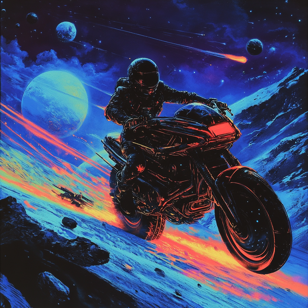 Speeding armored motorcycle in space with neon glow.