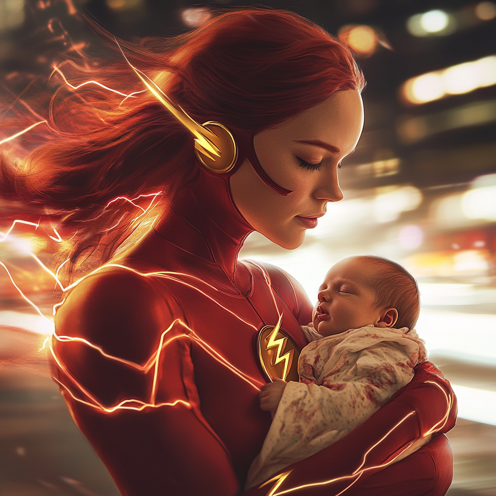 Speedster mom in red suit holds baby in blanket.