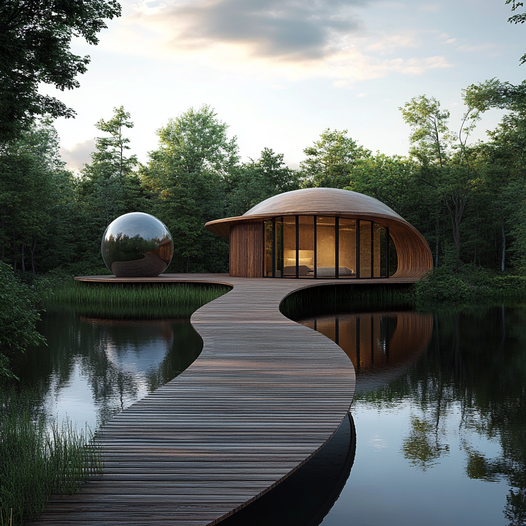 Spheres support flat cabin platform in lake, pathway up.