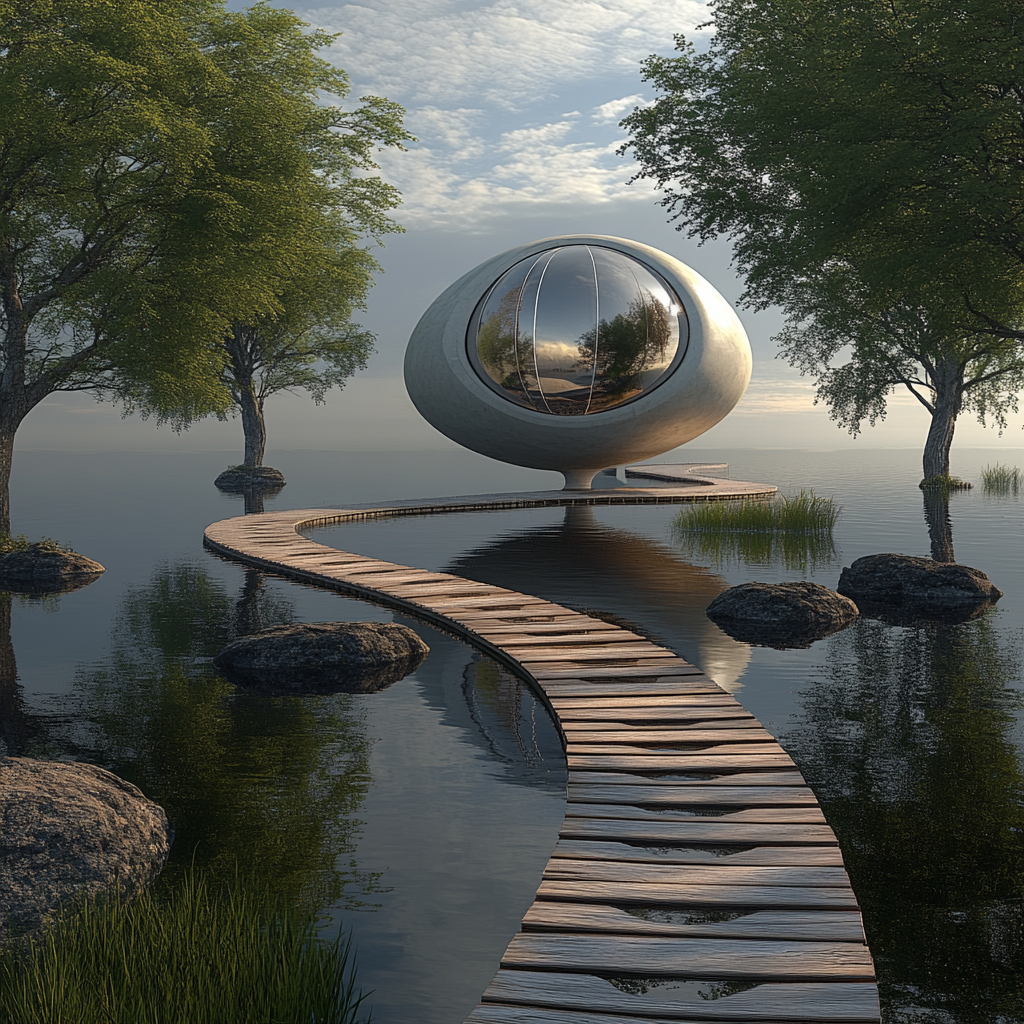 Spherical support platform with cabin in center of lake.