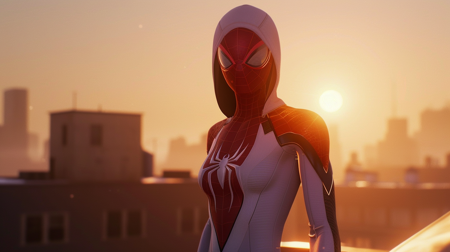 Spider-Gwen on a rooftop at dawn, ready to leap.