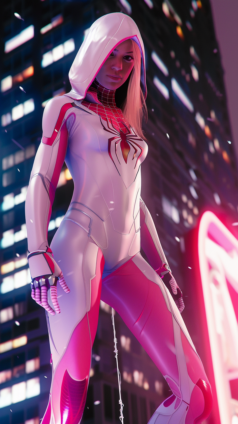 Spider-Gwen standing on skyscraper, cityscape below, confident.