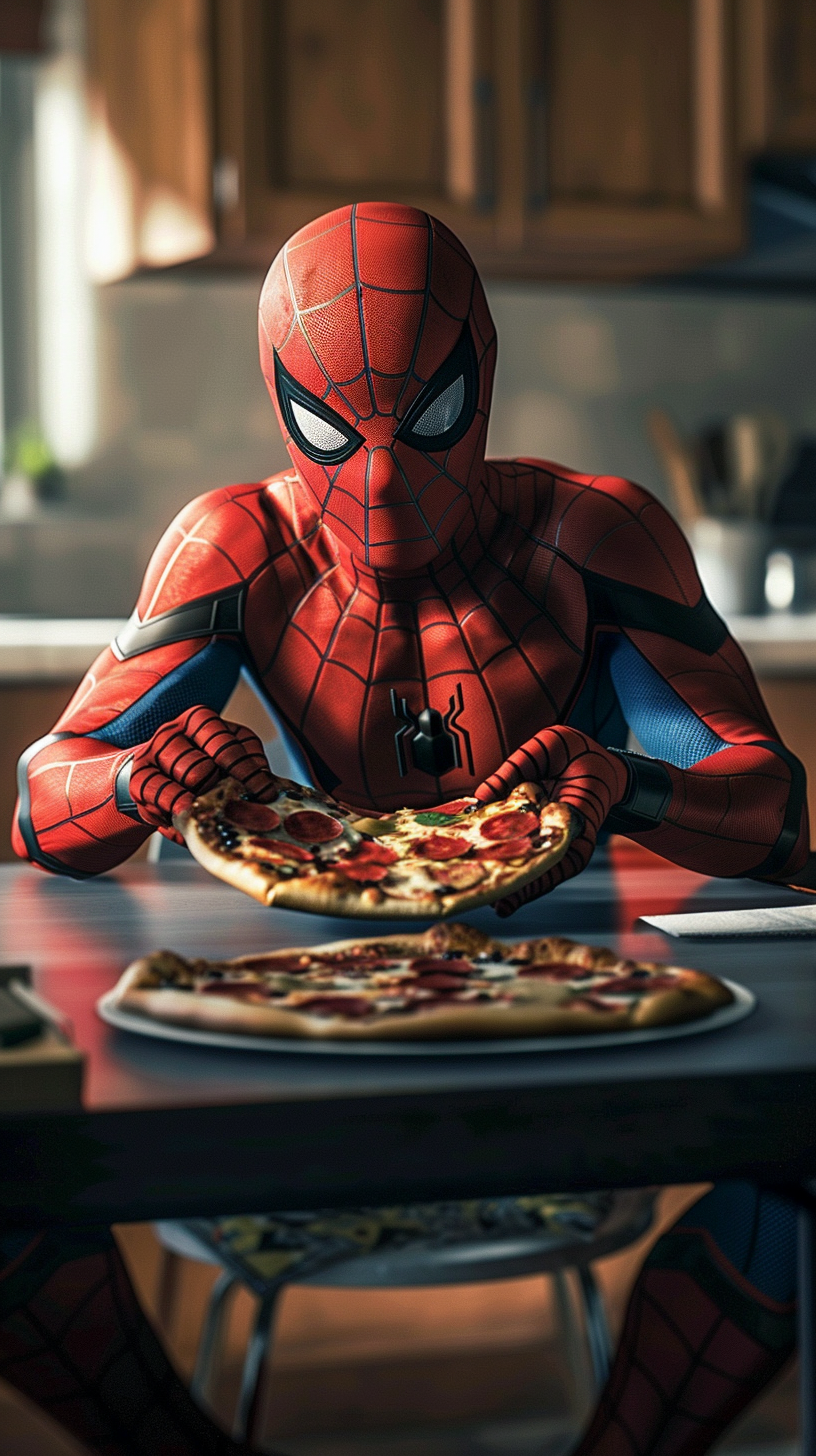 Spider-Man Eating Pizza at Home